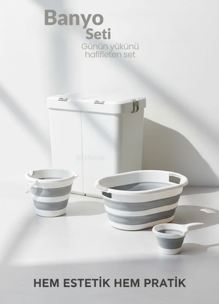 4’lü Katlanabilir Çamaşır Sepeti Seti – 80 Litre Kirli Sepeti, Sele, Su Kovası ve Maşrapa