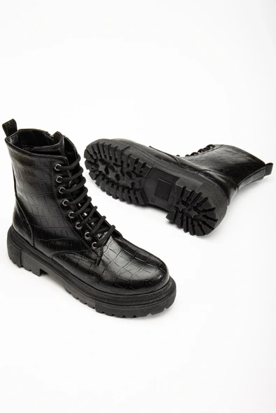 812-356 Siyah Kroko Bağcıklı Fermuarlı Günlük Kadın Bot ürün görseli 1