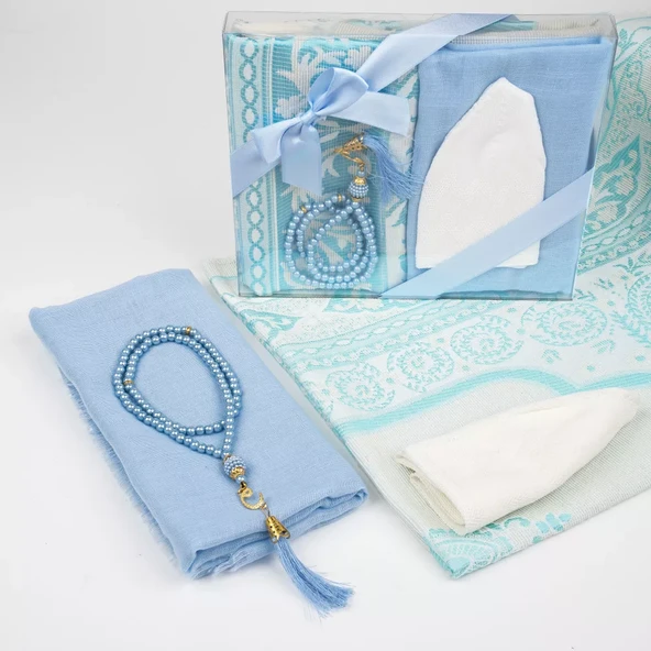 Seccade + Eşarp + Takke + Tesbih Hediye Seti (Asetat Kutulu, Mavi) - Resim 2