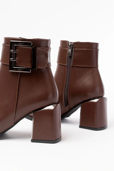 DNZ-400 Kahverengi Toka Aksesuarlı Topuklu Fermuarlı Günlük Kadın Bot - Resim 5