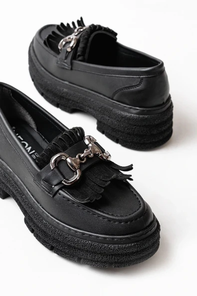 749-750 Siyah Tokalı Günlük Yüksek Tabanlı Loafer Ayakkabı - Resim 5