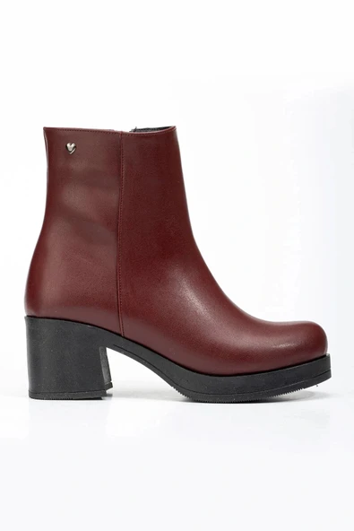5109-3022 Bordo Fermuarlı Kalın Topuklu Günlük Kadın Bot - Resim 4