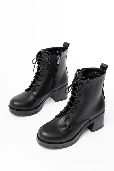 5109-3025 Siyah Bağcıklı Fermuarlı Kalın Topuklu Günlük Kadın Bot - Resim 3