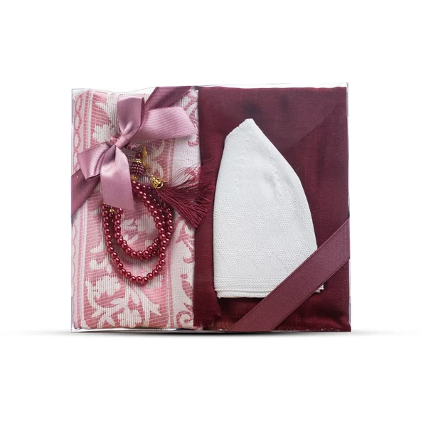 Seccade + Eşarp + Takke + Tesbih Hediye Seti (Asetat Kutulu, Bordo) ürün görseli 1