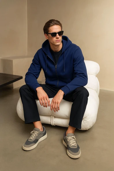 Erkek Fermuarlı Kapüşonlu Cepli İndigo Sweatshirt