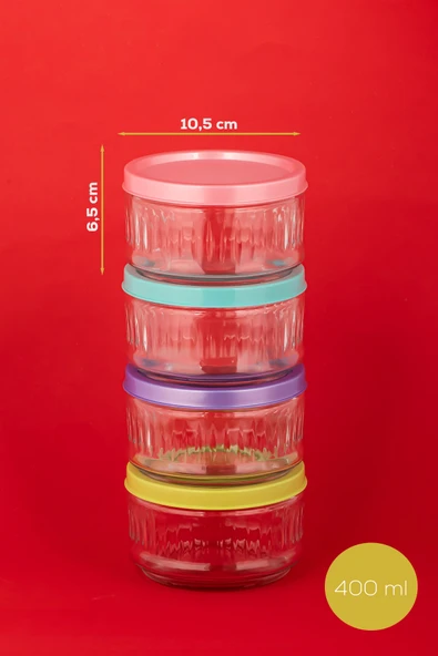 Porsima Lapis 4lü Hava Geçirmez Cam Kavanoz Kahvaltılık Seti Renkli Kapaklı Saklama Kabı 400ml - Resim 4