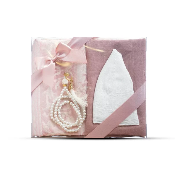 Seccade + Eşarp + Takke + Tesbih Hediye Seti (Asetat Kutulu, Pembe)