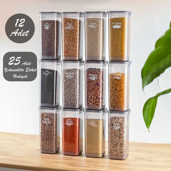 Porsima 432-GR Kare Erzak Bakliyat Saklama Kabı Takımı 12'li 1.70 L + Etiket 25 Adet GRİ ürün görseli 1