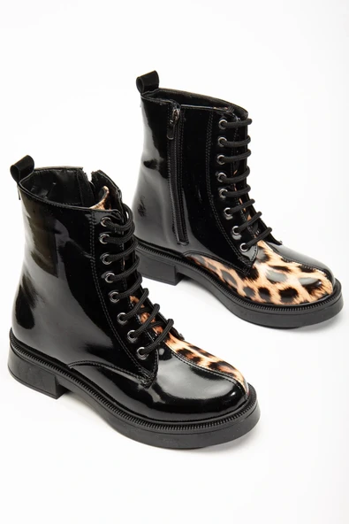 02-3055 Siyah Rugan Leopar Bağcıklı Fermuarlı Günlük Kadın Bot ürün görseli 1