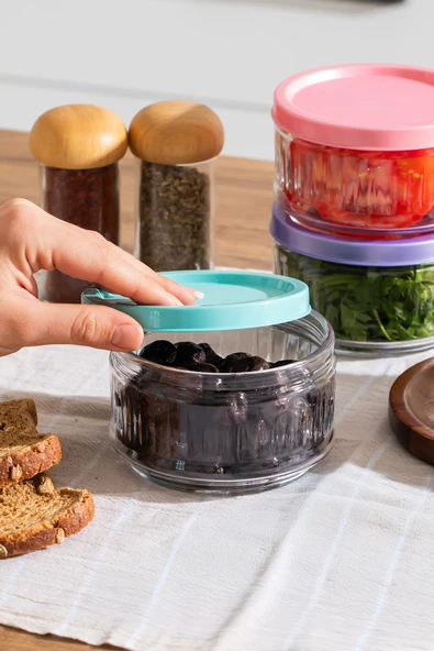 Porsima Lapis 4lü Hava Geçirmez Cam Kavanoz Kahvaltılık Seti Renkli Kapaklı Saklama Kabı 400ml - Resim 3