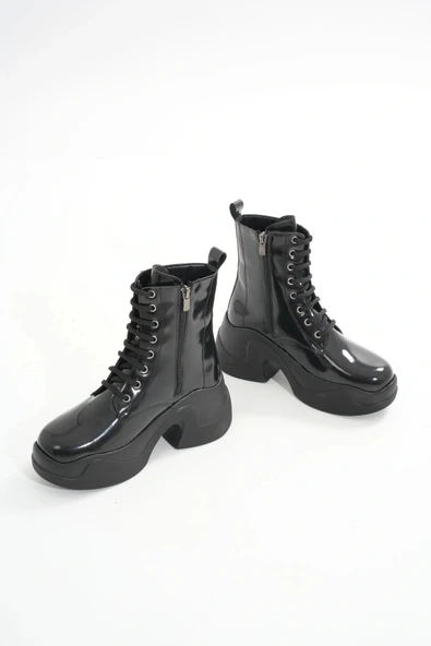 FZ-2550 Siyah Rugan Yüksek Tabanlı Bağcıklı Fermuarlı Günlük Kadın Bot - Resim 4