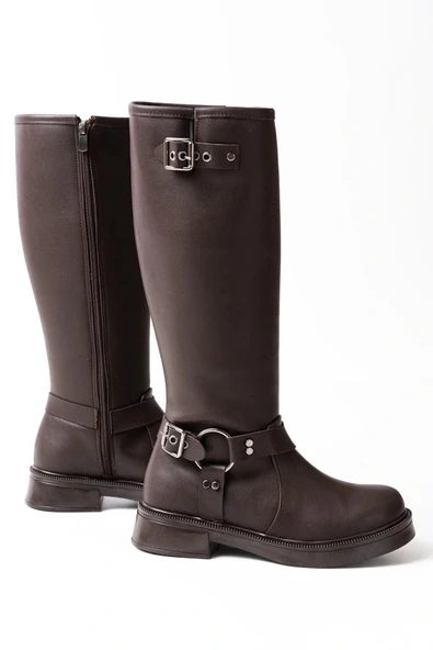 02-312 Kahverengi Toka Aksesuarlı Fermuarlı Günlük Kadın Çizme - Resim 4