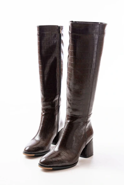 RS-2432 Kahverengi Kroko Topuklu Fermuarlı Günlük Kadın Çizme - Resim 3