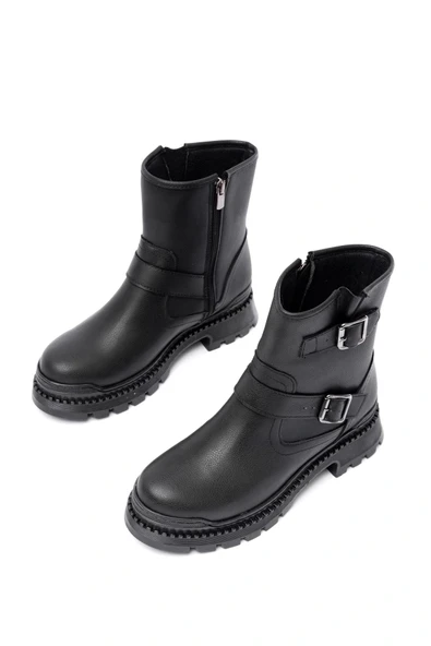 2051-2014 Siyah Tokalı Düz Topuklu Tokalı Fermuarlı Günlük Kadın Bot - Resim 5