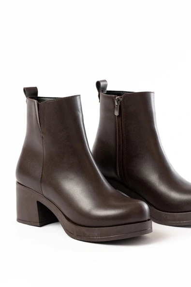 5109-3057 Kahverengi Lastikli Fermuarlı Kalın Topuklu Günlük Kadın Bot - Resim 5