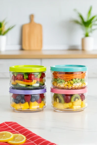 Porsima Lapis 4lü Hava Geçirmez Cam Kavanoz Kahvaltılık Seti Renkli Kapaklı Saklama Kabı 400ml - Resim 2