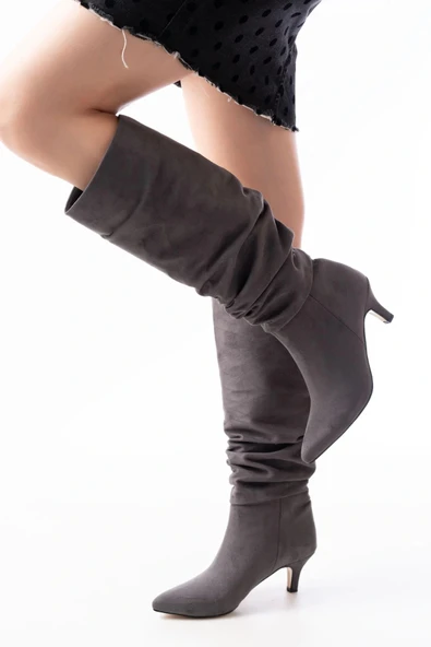 SR-2001 Gri Süet İnce Topuklu Günlük Bayan Çizme - Resim 2