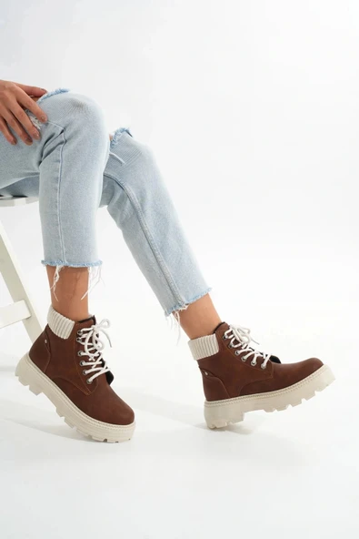 LMÇ-2045 Kahverengi Süet Bağcıklı Kalın Taban Kadın Günlük Bot ürün görseli 1