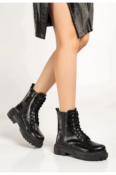 812-356 Siyah Kroko Bağcıklı Fermuarlı Günlük Kadın Bot - Resim 3