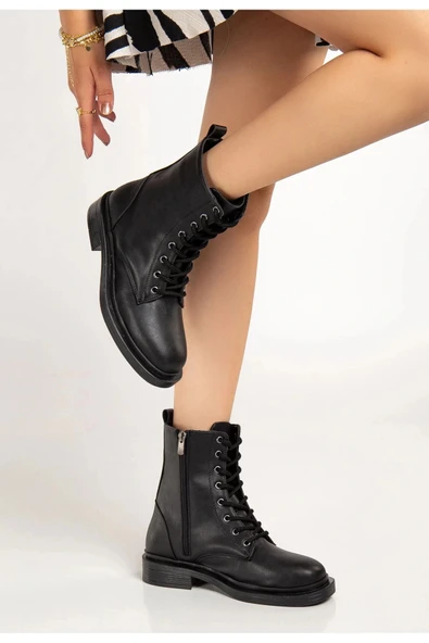 2024-2289 Siyah Bağcıklı Fermuarlı Günlük Kadın Bot ürün görseli 1