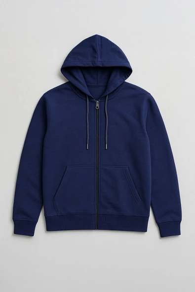 Erkek Fermuarlı Kapüşonlu Cepli İndigo Sweatshirt - 2