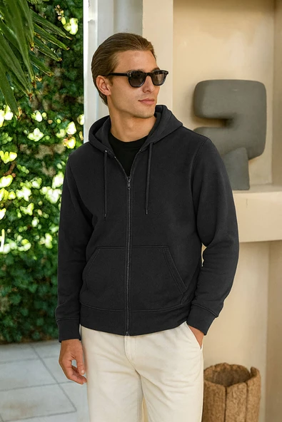 Erkek Fermuarlı Kapüşonlu Cepli Füme Sweatshirt ürün görseli 1