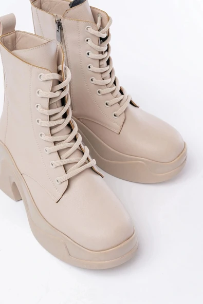 FZ-2550 Bej Yüksek Tabanlı Bağcıklı Fermuarlı Günlük Kadın Bot - Resim 4