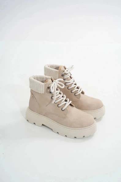 LMÇ-2045 Bej Süet Bağcıklı Kalın Taban Kadın Günlük Bot - Resim 4