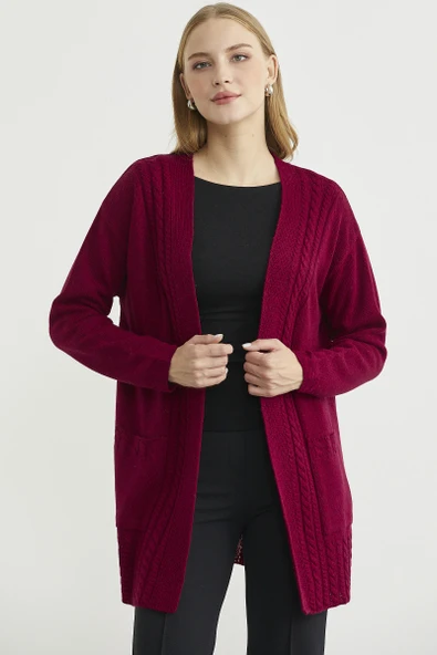 Büyük Beden Cepli Uzun Triko Hırka - Bordo ürün görseli