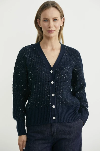 Payet Detaylı Yünlü Triko Hırka - Lacivert ürün görseli