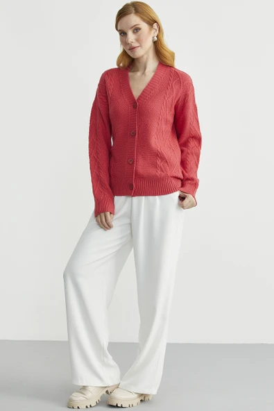 Oversize Düğmeli Triko Hırka - Gül - Resim 2