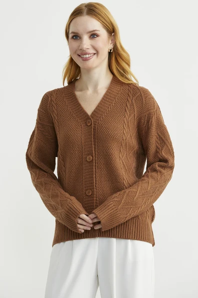 Oversize Düğmeli Triko Hırka - Taba - Resim 2