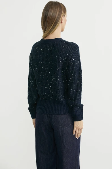 Payet Detaylı Yünlü Triko Hırka - Lacivert - Resim 5