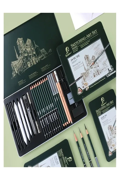 Karakalem Seti 10 Parça 1 Paket Teneke Metal Kutu Eskiz Çizim Seti Kara Kalem - 5