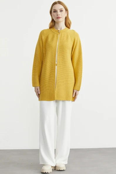 Sıfır Yaka Yünlü Uzun Triko Hırka - Güneş - Resim 2