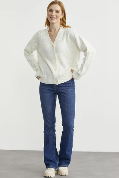 Oversize Düğmeli Triko Hırka - Kemik - Resim 3