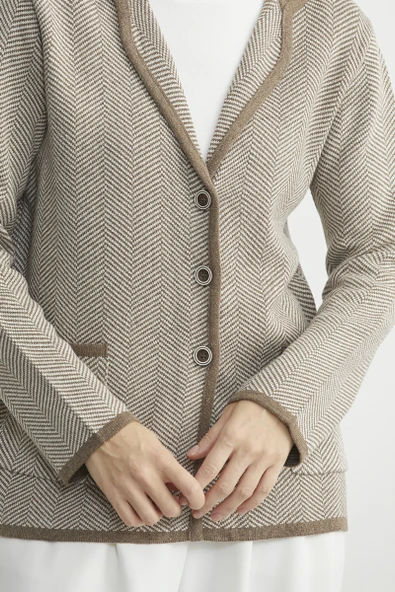 Kazayağı Şal Yaka Yünlü Triko Ceket - Sütlü Kahve - Resim 5