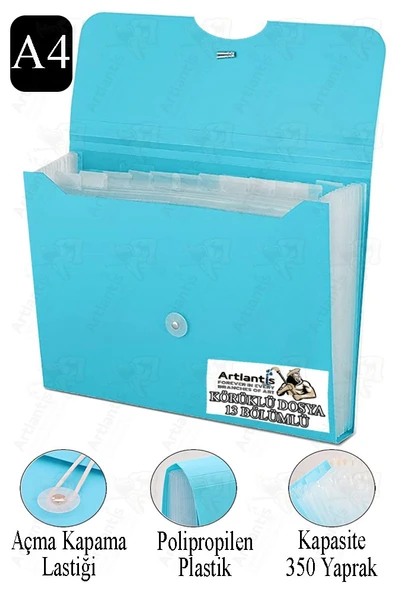 Körüklü Dosya 13 Bölmeli 1 Adet A4 Akardiyon Dosya Düzenleyici 13 Cepli Lastikli Dosya Belge Düzenleyici Klasör - 3