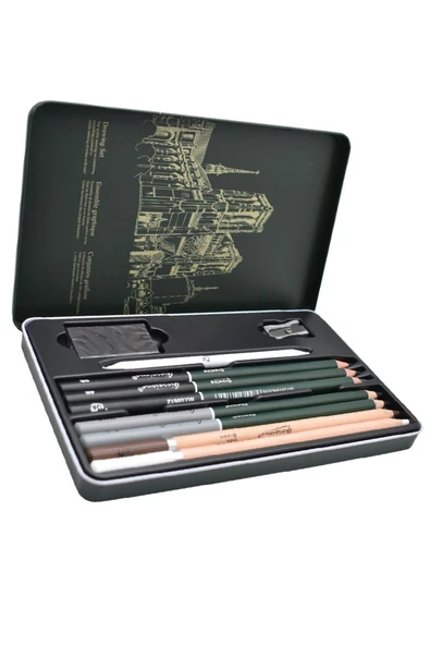 Karakalem Seti 10 Parça 1 Paket Teneke Metal Kutu Eskiz Çizim Seti Kara Kalem - 2