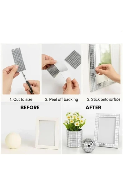 Disko Topu Yapma 4 Rulo Gümüş Aynalı Mozaik Taşlı Dekor Bant Kare Cam Ayna Taş Parti Takı Bandı - Resim 7