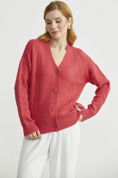 Oversize Düğmeli Triko Hırka - Gül - Resim 3