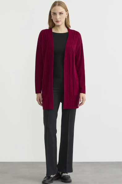 Büyük Beden Cepli Uzun Triko Hırka - Bordo - Resim 2