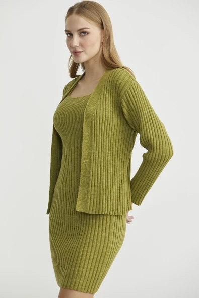 İkili Elbise Hırka Triko Takım - Yeşil - 5