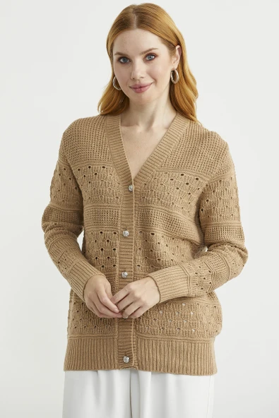 Delik Motifli Yünlü Triko Hırka - Kamel - Resim 2