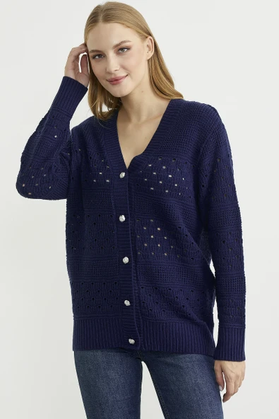 Delik Motifli Yünlü Triko Hırka - Lacivert - 2