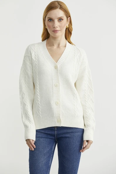 Oversize Düğmeli Triko Hırka - Kemik ürün görseli