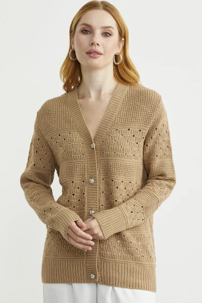 Delik Motifli Yünlü Triko Hırka - Kamel ürün görseli