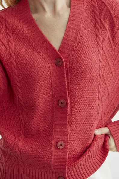 Oversize Düğmeli Triko Hırka - Gül - Resim 5