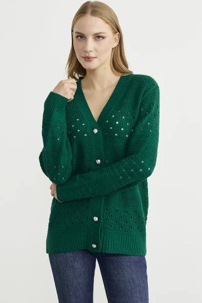 Delik Motifli Yünlü Triko Hırka - Yeşil - Resim 2