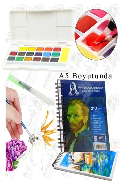 18 Renk Tablet Sulu Boya ve A5 Telli Suluboya Bloğu Kağıdı A5 210gr 20 Yaprak İnce Dokulu Taş Suluboya Plastik Kutulu